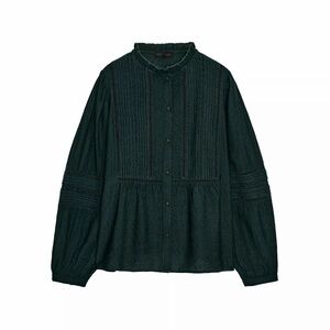 Zara Dark Green Lace-Panel Button Blouse